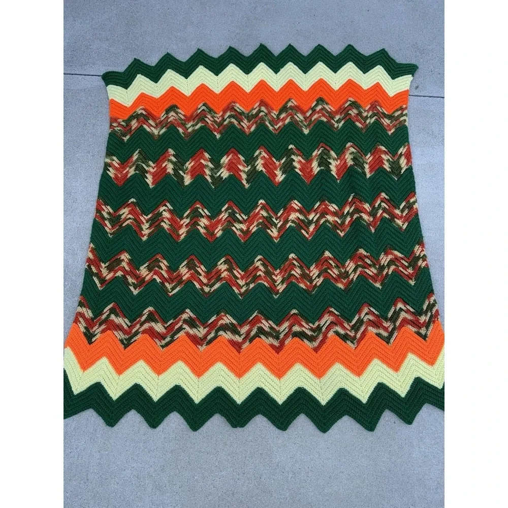 Vintage Handmade Crochet Afghan Blanket Green Orange Yellow Chevron Ripple 54x42